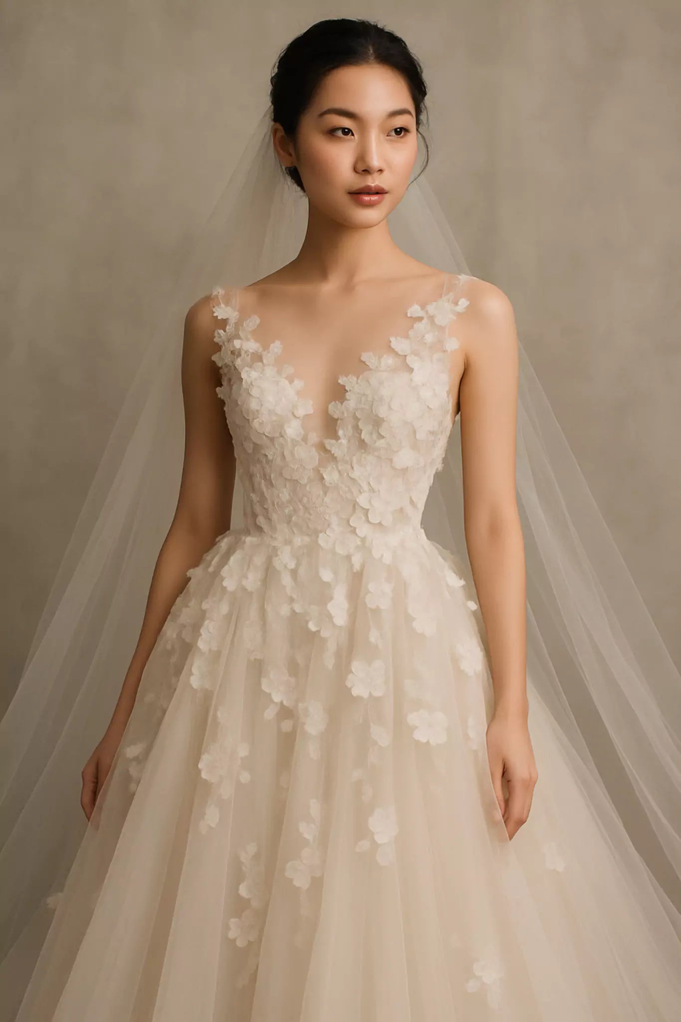 Close-up of delicate lace bodice and chiffon fabric on sleeveless bridal gown with V-neck, showcasing the fine couture craftsmanship and intricate design details.