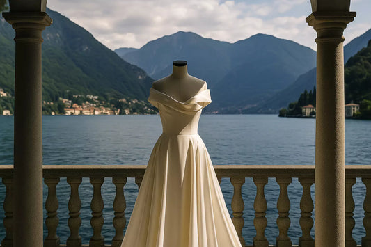 Elegant bridal gown in Lake Como overlooking the lake, ideal for destination wedding inspiration.