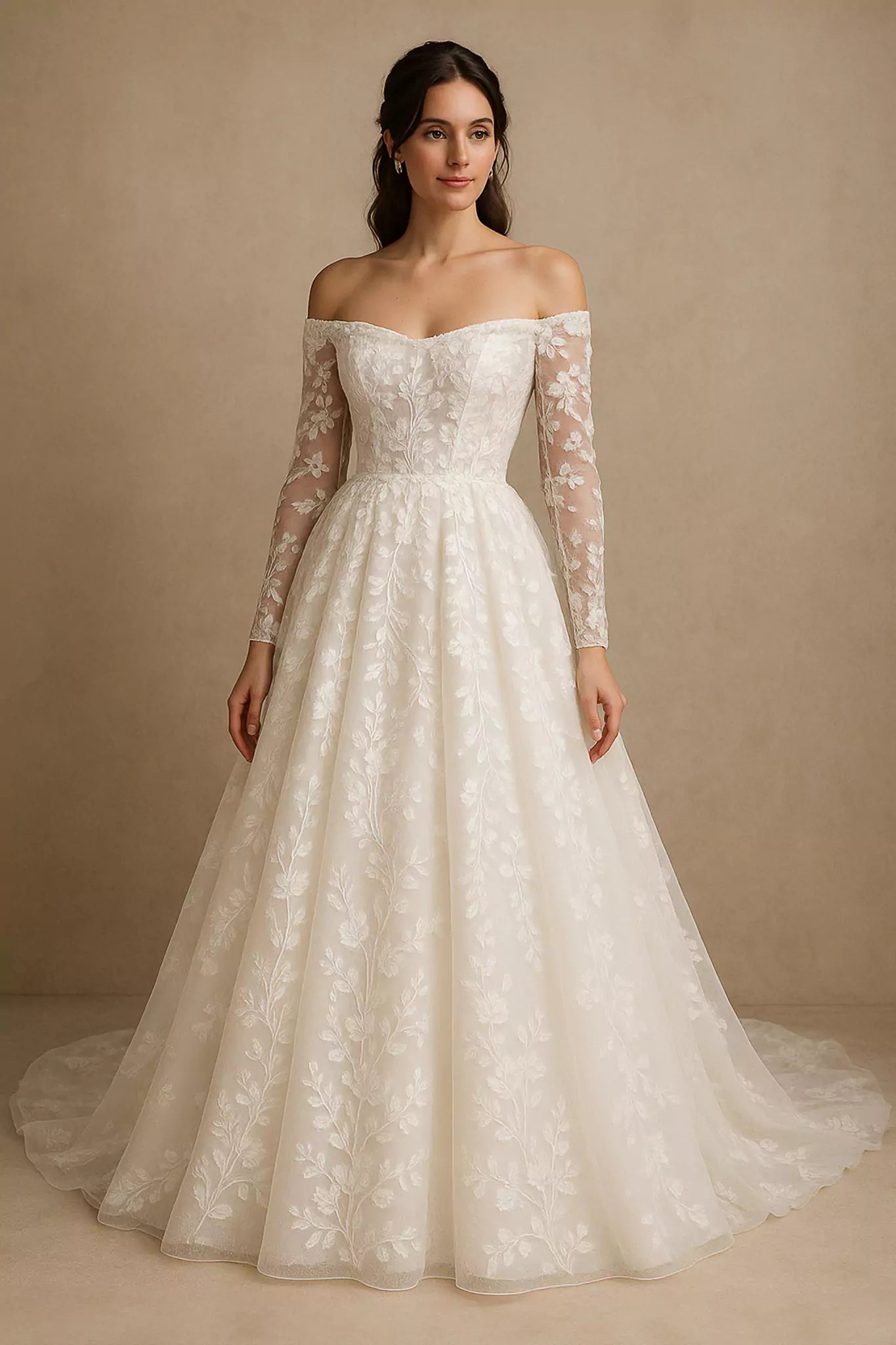 Model wearing the Bellagio Bloom wedding gown with Italian ivory lace, A-line silhouette, and chapel train, designed by Nadia Fraqair in Lake Como.