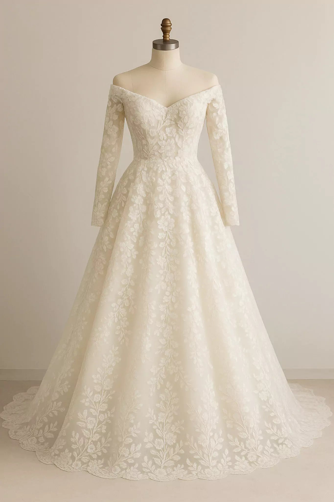 Front view of Bellagio Bloom A-line wedding gown with ivory Italian lace, sweetheart neckline, and flowing tulle skirt.