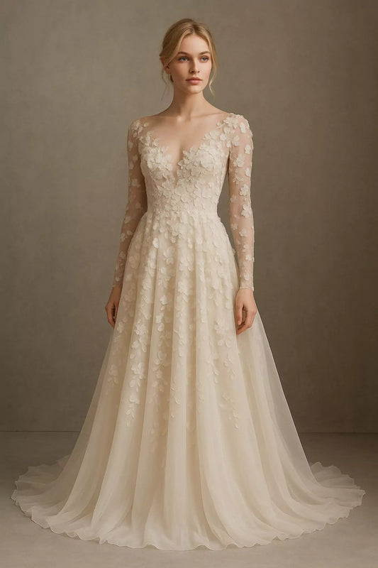 Front view of Cecilia Eleganza luxury Italian bridal gown with lace bodice and chiffon skirt, designed by Nadia Fraqair in Lake Como