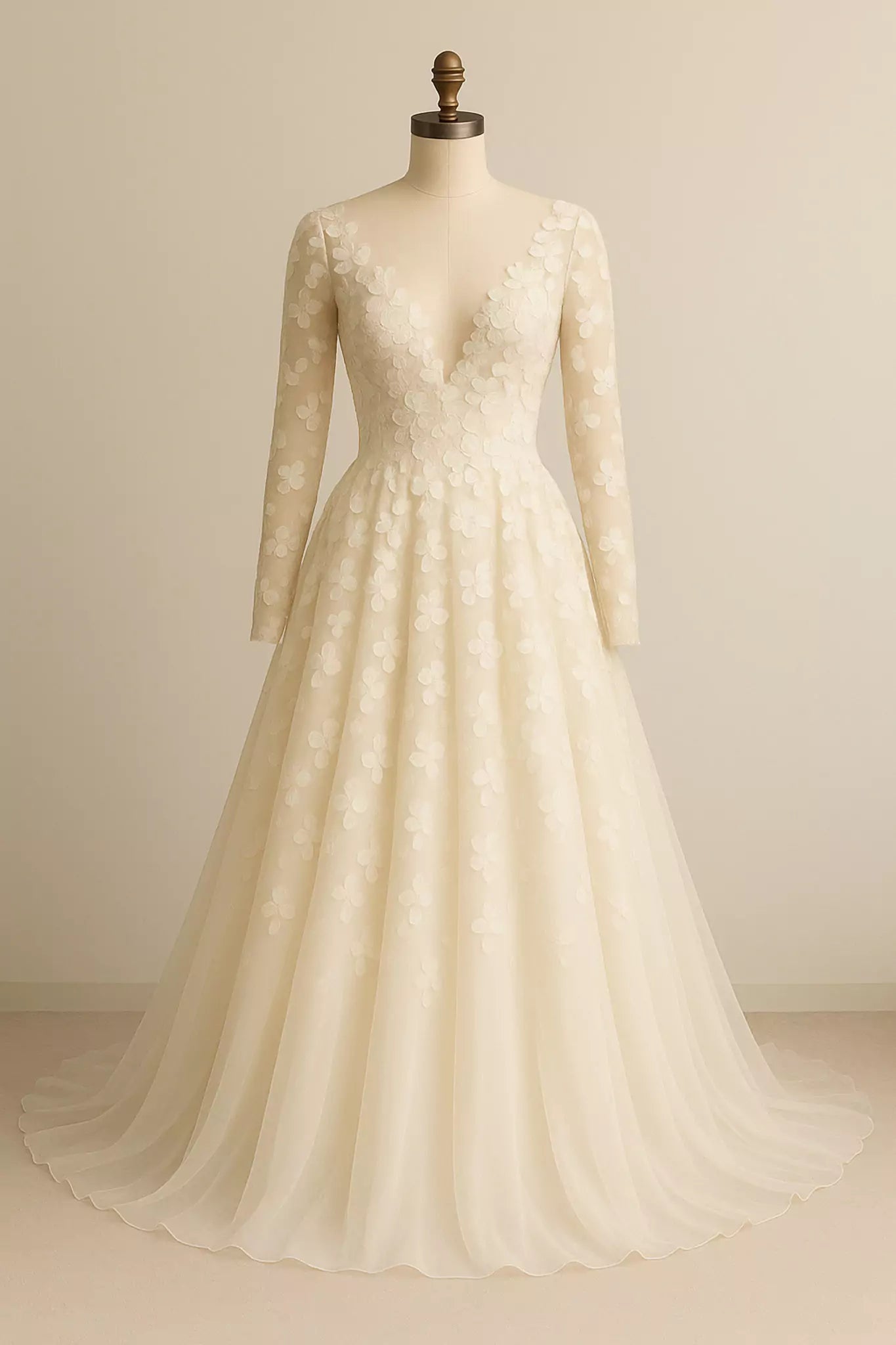 Cecilia Eleganza bridal gown displayed on mannequin, showcasing lace bodice, long sheer sleeves, and flowing chiffon skirt