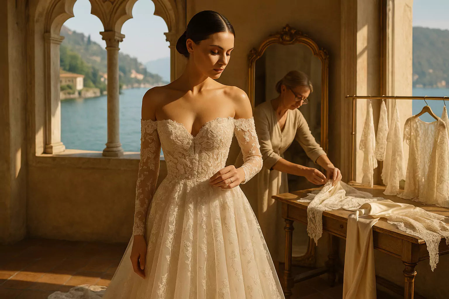 Bespoke bridal gown designed by Nadia Fraqair for a Lake Como wedding