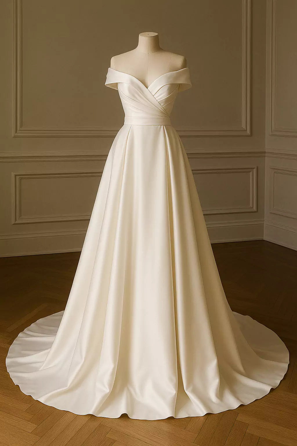 Full-length off-the-shoulder bridal gown with flowing train on a dressmaker’s mannequin