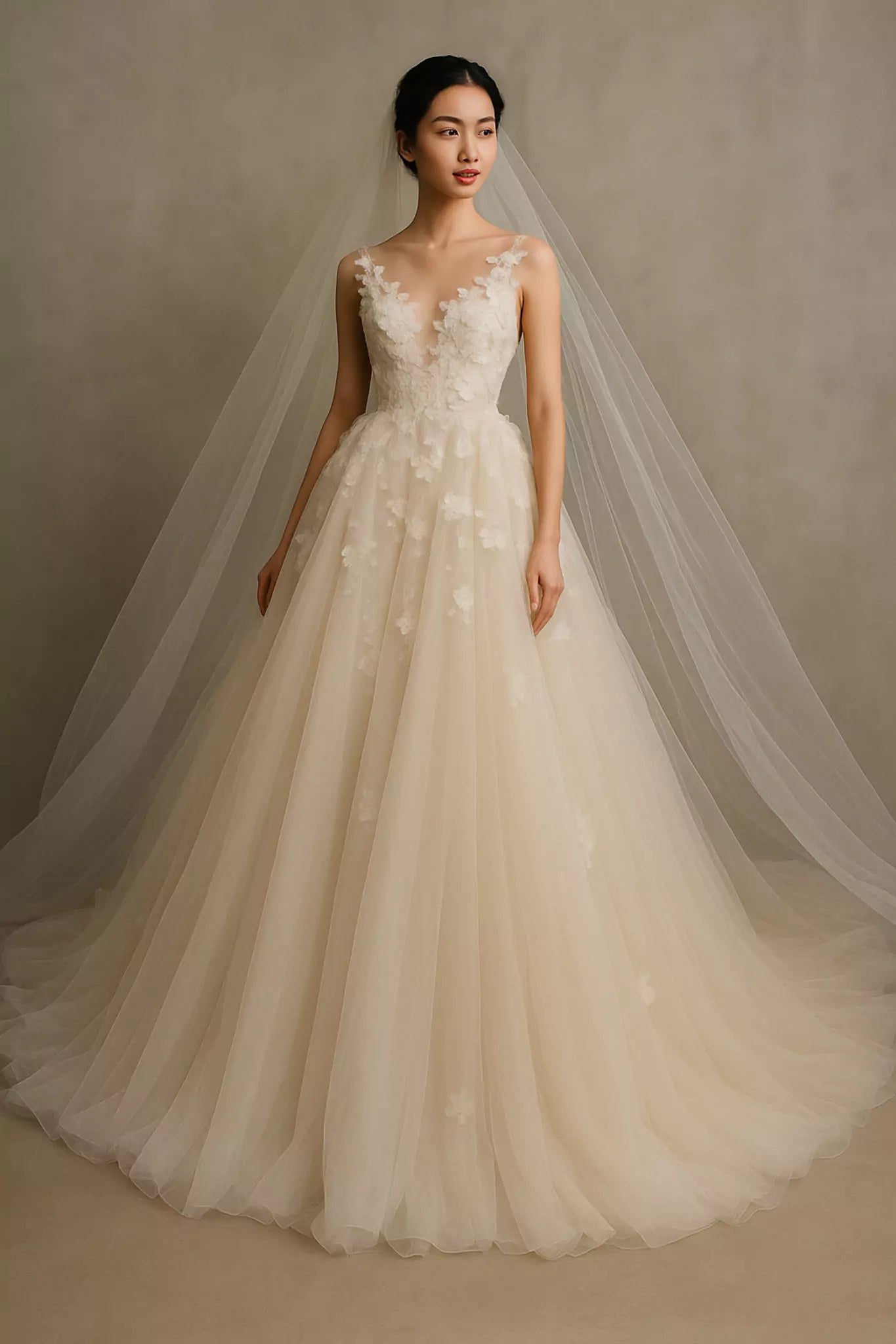 Full-length view of luxury bridal gown with lace bodice and chiffon skirt, sleeveless V-neck design, showcasing a graceful, couture-inspired silhouette.