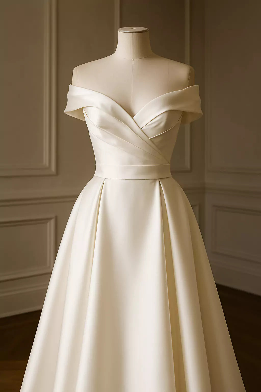 Front view of an elegant Italian couture wedding dress displayed on a luxury mannequin