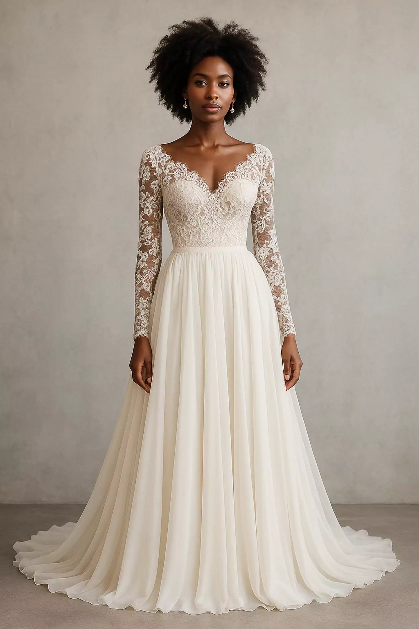 Long sleeve Italian lace wedding gown with chiffon skirt, front view