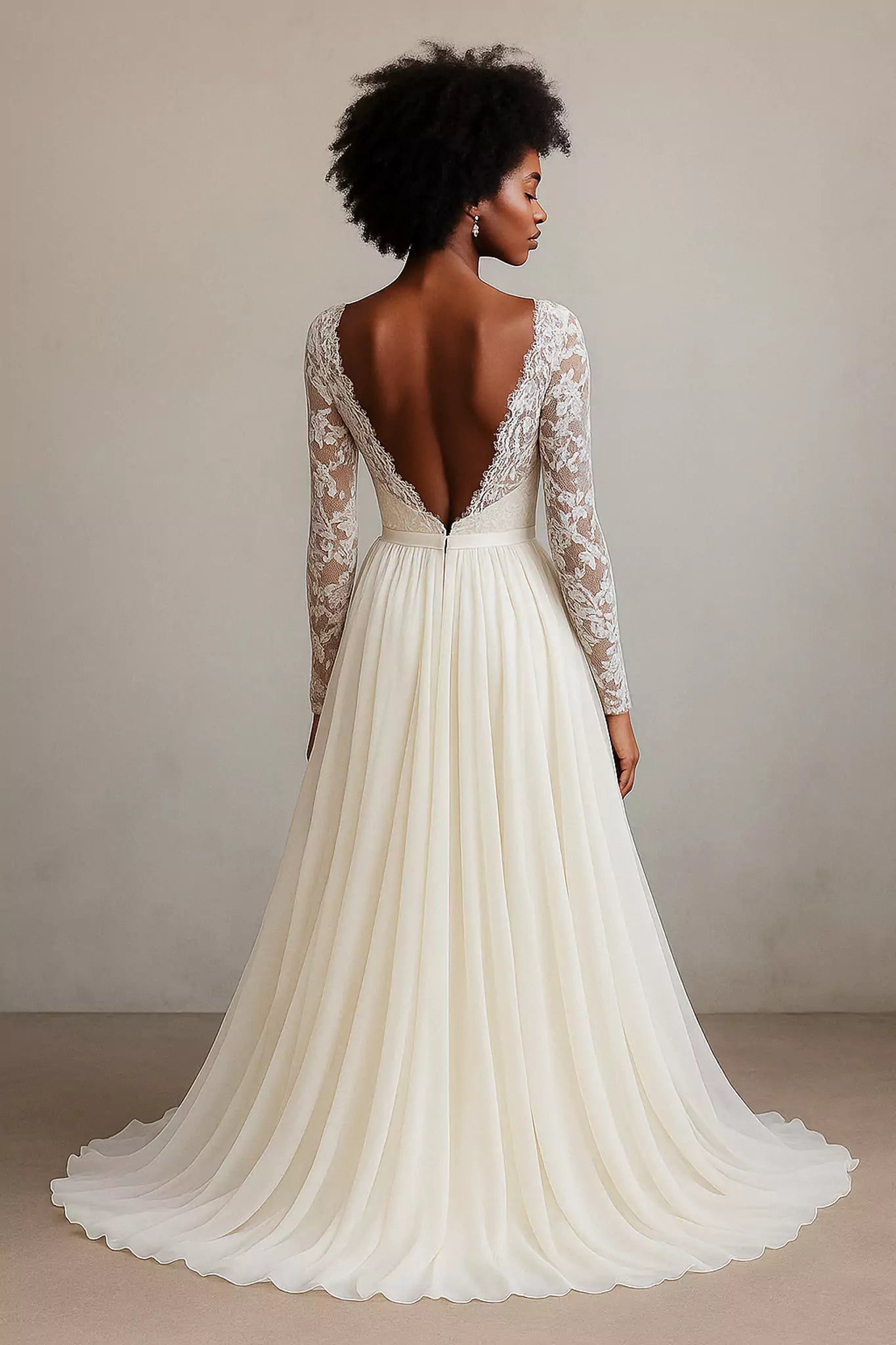 Back of Luna Fiorita wedding dress with illusion scoop and covered buttons