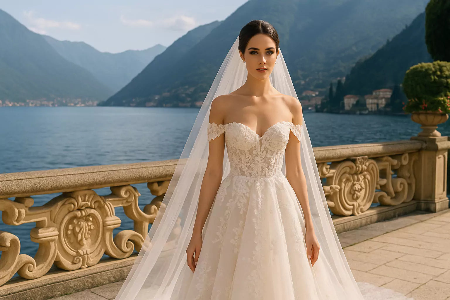 A couture Italian wedding dress by Nadia Fraqair displayed in Lake Como