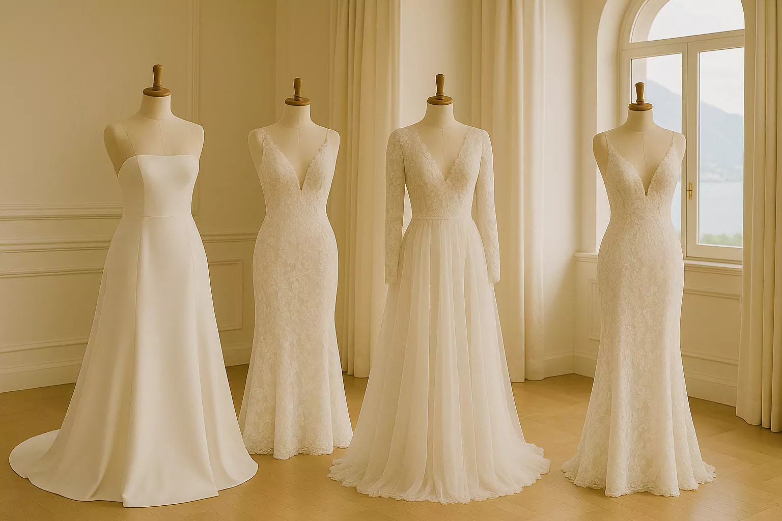 Modern silk wedding gown from the FRAQAIR Signature Collection on a mannequin